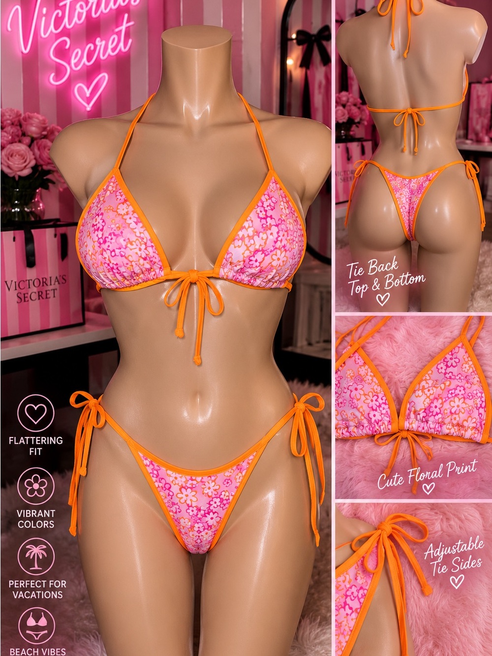PINK Victoria's Secret Pink Floral Bikini with Orange Trim